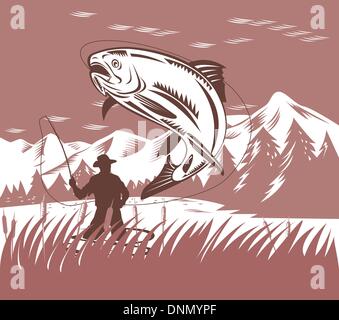 Illustration d'une truite sautant avec fly fisherman casting canne et moulinet fait dans le style rétro Illustration de Vecteur