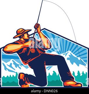 Illustration d'un pêcheur de mouche Pêche à la canne et moulinet casting vu de rembobinage d'arbres et la neige montagnes en arrière-plan fait en style retro Illustration de Vecteur