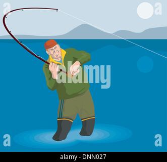 Illustration d'un pêcheur de mouche canne et moulinet casting fait dans le style rétro Illustration de Vecteur