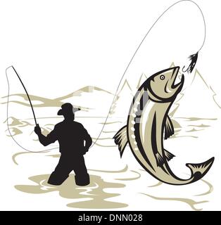 Illustration d'une truite sautant avec fly fisherman casting canne et moulinet fait dans le style rétro Illustration de Vecteur