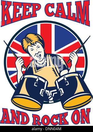 Retro illustration d'une grand-mère britannique reine à jouer de la batterie avec union jack flag situé à l''intérieur de la protection à l'aide de mots restez calme et rock on'.' Illustration de Vecteur