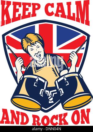 Retro illustration d'une grand-mère britannique reine à jouer de la batterie avec union jack flag situé à l''intérieur avec shiled mots restez calme et rock on'.' Illustration de Vecteur