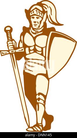 Illustration d'un chevalier avec épée et bouclier sur fond blanc isolé Illustration de Vecteur