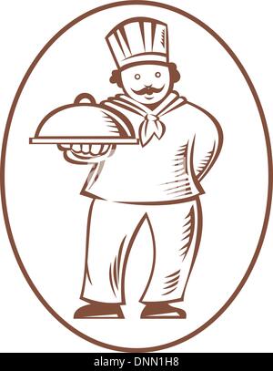 Illustration d'un chef cuisinier baker holding un plat lave fait en rétro style gravure sur bois isolé sur fond blanc. Illustration de Vecteur