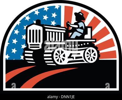 Illustration de labourer le champ d'un agriculteur avec son tracteur vintage fait dans le style rétro avec American stars and stripes flag. Illustration de Vecteur