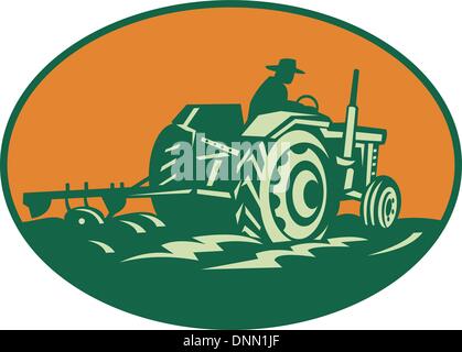 Retro illustration d'un travailleur agriculteur conduisant un tracteur de ferme vintage champ labour situé à l''intérieur de l'ellipse. Illustration de Vecteur