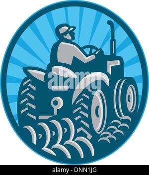 Illustration d'un agriculteur laboure avec vintage tracteur vu de l'ensemble arrière à l'intérieur fait en ovale style rétro. Illustration de Vecteur