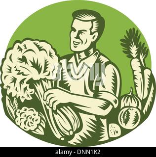 Illustration d'un agriculteur biologique green grocer la récolte des légumes verts mis à l'intérieur du cercle fait retro woodcut style. Illustration de Vecteur