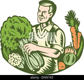 Illustration d'un agriculteur biologique épicier vert avec des légumes verts à la récolte de la ferme des cultures fait en rétro style gravure sur bois. Illustration de Vecteur