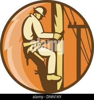 Illustration d'un joueur de ligne d'alimentation d'électricité électricien travailleur escalade poster avec Lightning Bolt set à l'intérieur du cercle fait Illustration de Vecteur