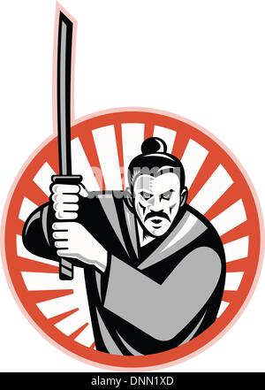 Illustration d'un samurai warrior face à l'avant avec katana sword mis à l'intérieur du cercle fait en style rétro. Illustration de Vecteur