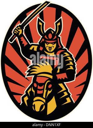 Illustration d'un samurai warrior riding horse attaquer avec katana sword fait dans le style rétro situé à l''intérieur de l'ellipse Illustration de Vecteur