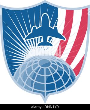 Illustration d'un jumbo jet avion au décollage avec globe situé à l''intérieur de shield avec bandes fait en style rétro. Illustration de Vecteur