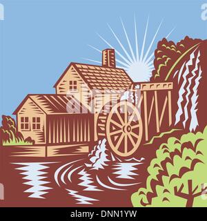 Illustration d'une roue à eau moulin à eau moulin avec rivière qui coule fait sur retro woodcut style. Illustration de Vecteur