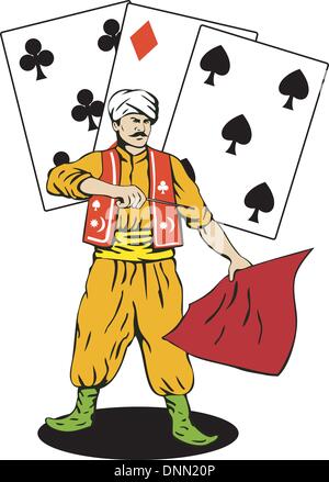 Illustration d'un magicien holding baguette avec cartes de poker en arrière-plan fait en style rétro. Illustration de Vecteur