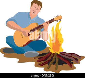 Illustration d'un homme qui joue de la guitare et feu de camp isolé sur fond blanc fait en style rétro. Illustration de Vecteur