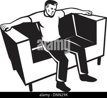 Illustration d'un homme assis sur le canapé-lit chaise Vue de face fait dans le style rétro sur fond isolé. Illustration de Vecteur