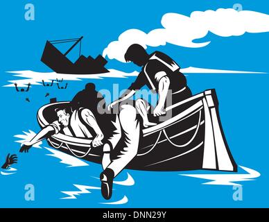 Illustration du naufrage du navire à passagers survivants aidant d'autres passagers dans la vie fait en radeau bateau retro woodcut style. Illustration de Vecteur