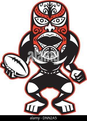 Illustration d'un guerrier Maori rugby player avec masque debout avec balle vers l'avant sur un fond blanc. Illustration de Vecteur