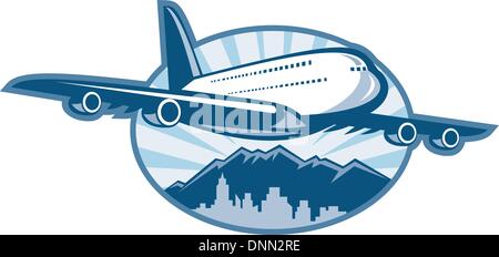 Illustration d'un Jumbo jet airliner avion décollant à l'horizon de la ville et les montagnes en arrière-plan. Illustration de Vecteur