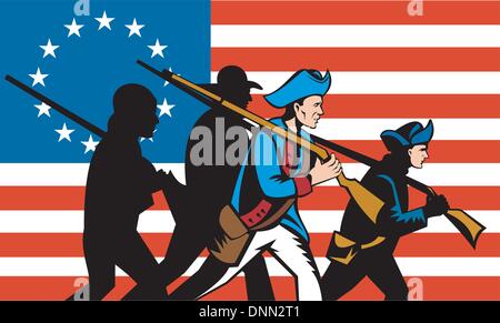 Illustration des soldats de la milice minuteman révolutionnaire américain avec des fusils fusil marchant avec stars and stripes Betsy Ross Illustration de Vecteur