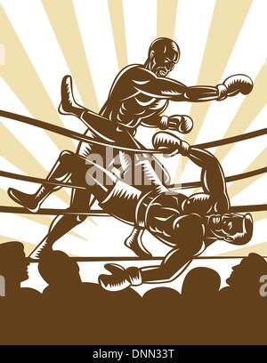 Illustration d'un boxeur assommant adversaire hors du ring de boxe Illustration de Vecteur