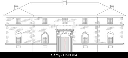 Dessin illustration d'un bâtiment maison patrimoniale vue de l'avant d'élévation sur fond blanc Illustration de Vecteur