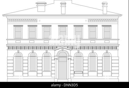 Dessin illustration d'un bâtiment maison patrimoniale vue de l'avant d'élévation sur fond blanc Illustration de Vecteur