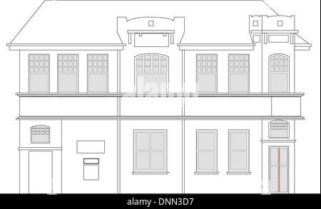 Dessin illustration d'un bâtiment maison patrimoniale vue de l'avant d'élévation sur fond blanc Illustration de Vecteur