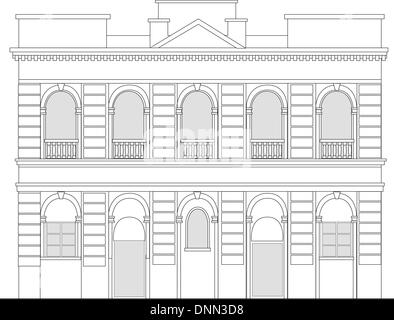 Dessin illustration d'un bâtiment maison patrimoniale vue de l'avant d'élévation sur fond blanc Illustration de Vecteur