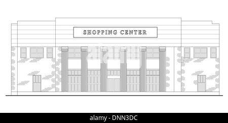 Dessin illustration d'un centre commercial ou un centre commercial building vue de l'avant d'élévation sur fond blanc Illustration de Vecteur