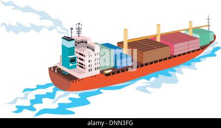 Illustration d'un navire porte-conteneurs de fret fait dans le style rétro Illustration de Vecteur