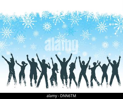 Silhouettes de personnes dansant sur snowflake background Illustration de Vecteur