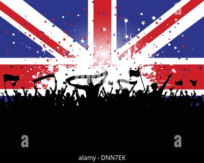 Silhouette d'une foule sur un Union Jack Flag Grunge background Illustration de Vecteur