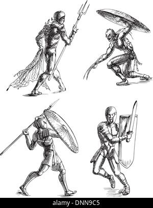 Les gladiateurs de la Rome antique. Ensemble de croquis en noir et blanc illustrations vectorielles. Illustration de Vecteur