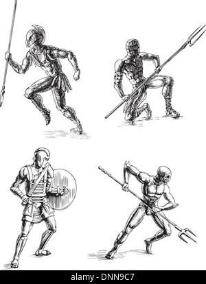 Les gladiateurs de la Rome antique. Ensemble de croquis en noir et blanc illustrations vectorielles. Illustration de Vecteur