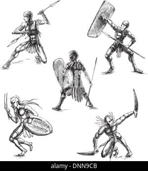 Les gladiateurs de la Rome antique. Ensemble de croquis en noir et blanc illustrations vectorielles. Illustration de Vecteur