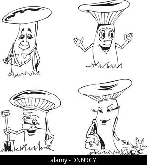 Caricatures de champignons. Série d'illustrations vectorielles en noir et blanc. Illustration de Vecteur