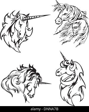 Quatre esquisses UNICORN. Série d'illustrations vectorielles. Illustration de Vecteur