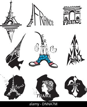 Ensemble de logos originaux pour le voyage à Paris et en France. Vector illustration noir et blanc. Illustration de Vecteur