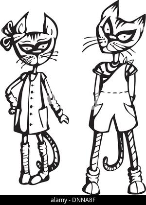 Deux drôles de chats. Série d'illustrations vectorielles en noir et blanc. Illustration de Vecteur