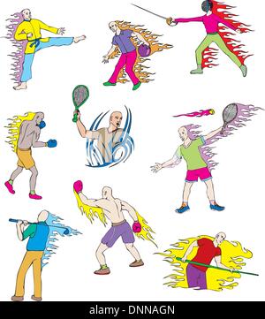 Les sportifs divers avec des flammes. Ensemble de vecteur de couleur des illustrations. Illustration de Vecteur