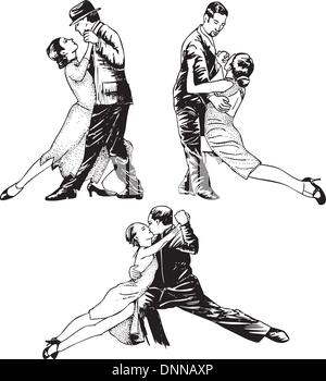 Couples de danseurs. Série d'illustrations vectorielles en noir et blanc. Illustration de Vecteur