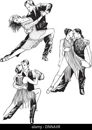 Couples de danseurs. Série d'illustrations vectorielles en noir et blanc. Illustration de Vecteur