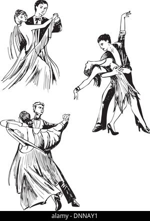 Couples de danseurs. Série d'illustrations vectorielles en noir et blanc. Illustration de Vecteur