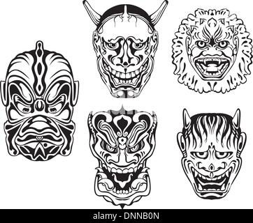 Des masques de théâtre japonais nô démoniaque. Série d'illustrations vectorielles en noir et blanc. Illustration de Vecteur
