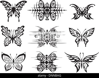 Ensemble de tatouages papillon symétrique. Illustrations vectorielles EPS. Illustration de Vecteur