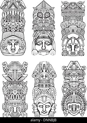 Abstract mesoamerican aztec mâts totémiques. Série d'illustrations vectorielles en noir et blanc. Illustration de Vecteur