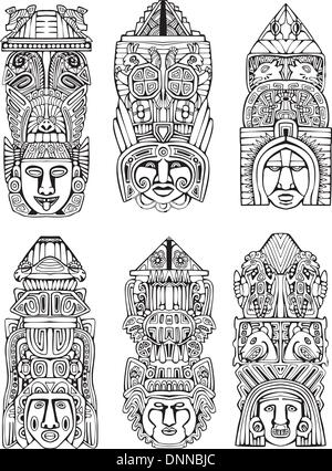 Abstract mesoamerican aztec mâts totémiques. Série d'illustrations vectorielles en noir et blanc. Illustration de Vecteur