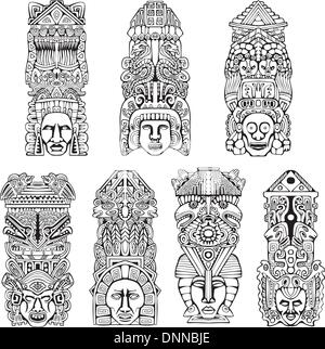 Abstract mesoamerican aztec mâts totémiques. Série d'illustrations vectorielles en noir et blanc. Illustration de Vecteur